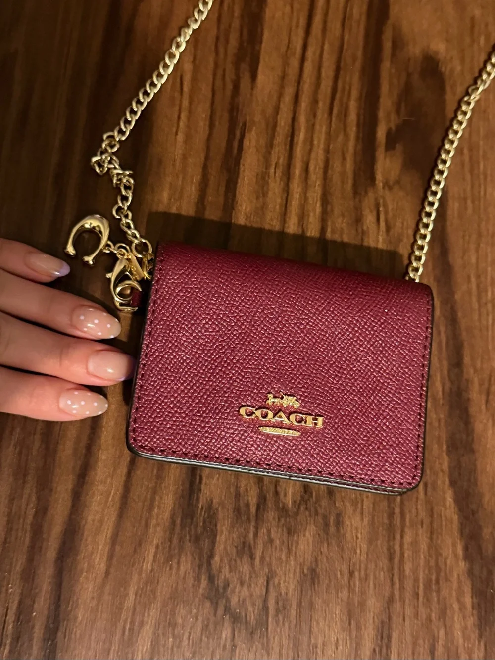 Coach Crossbody Wallet in Deep Berry with Gold Chain